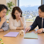 住宅模型と二つの資料を見ながら売却方法を比較相談する写真風イメージ