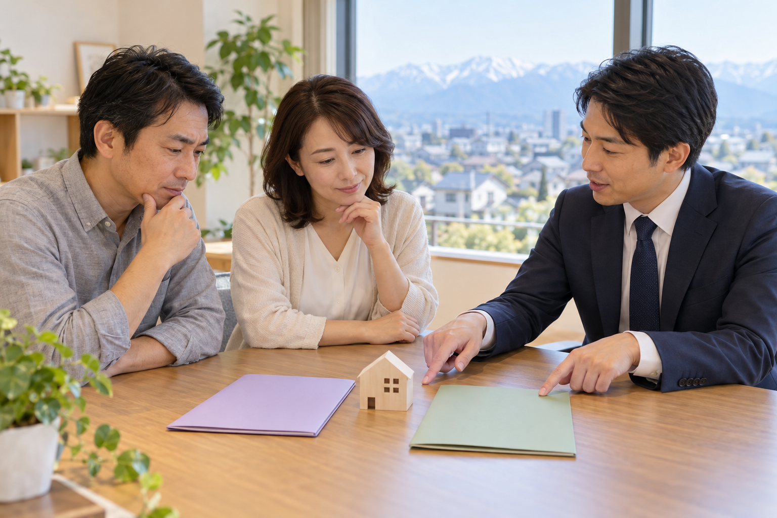 住宅模型と二つの資料を見ながら売却方法を比較相談する写真風イメージ